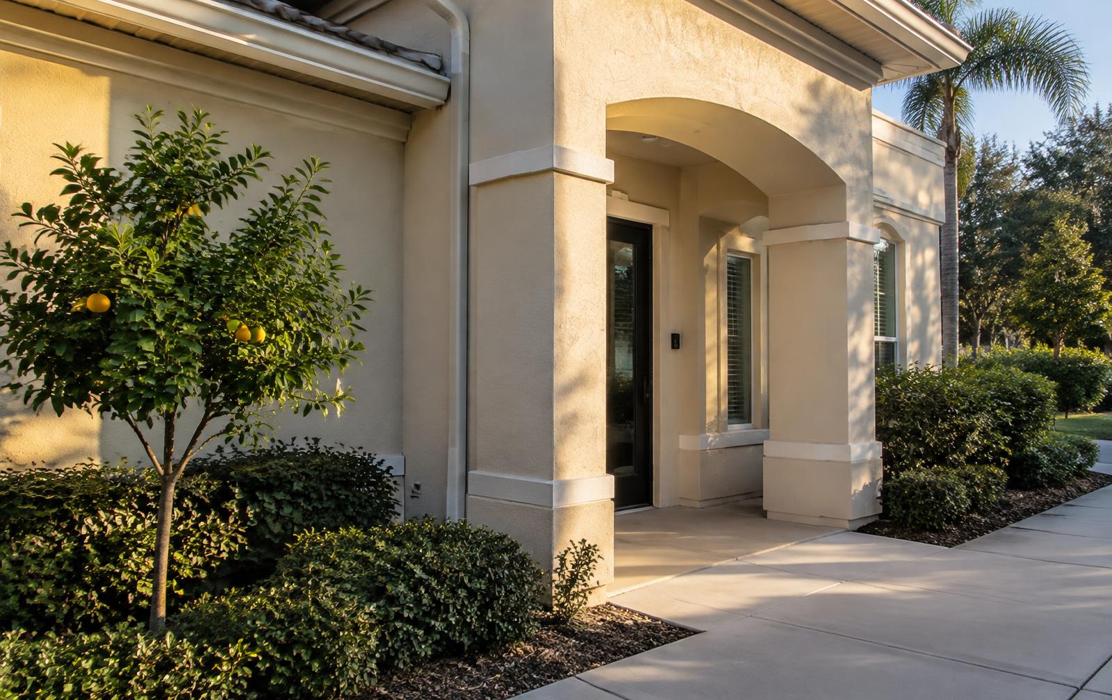 Warm stucco entry of the Lakeland, Florida office suite with a young citrus tree in afternoon light