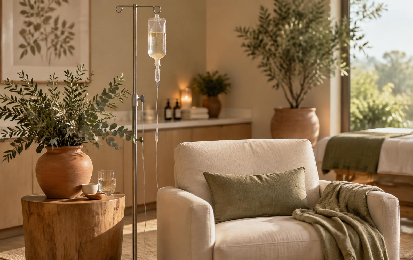 IV drip beside a comfortable treatment chair in a plant-filled wellness room
